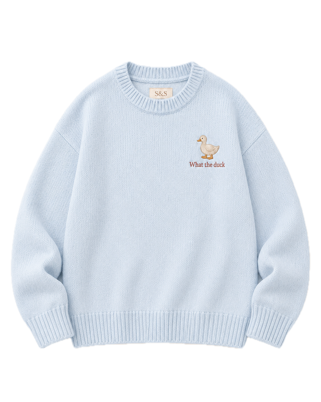 What the Duck baby blue embroidered knit jumper