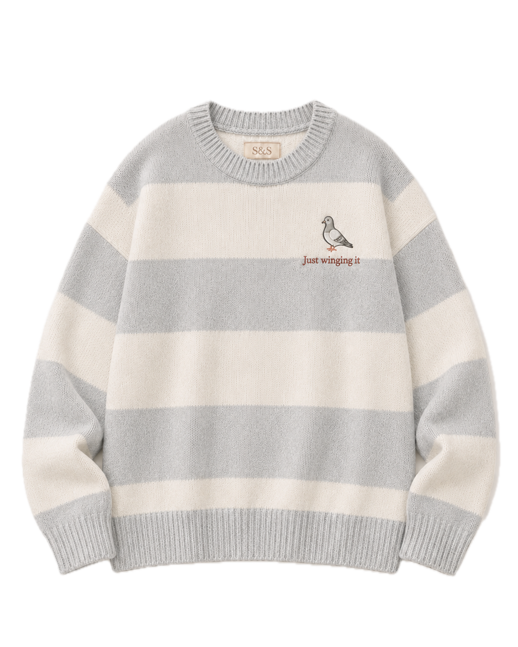 Just Winging It grey striped embroidered knit jumper