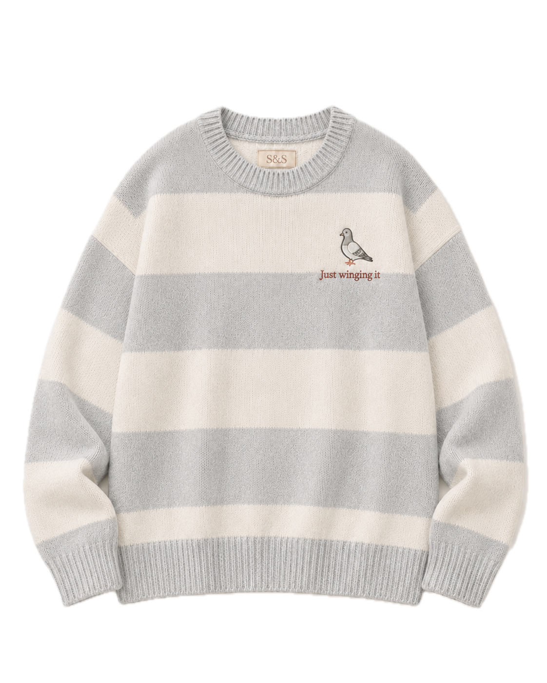 Just Winging It grey striped embroidered knit jumper
