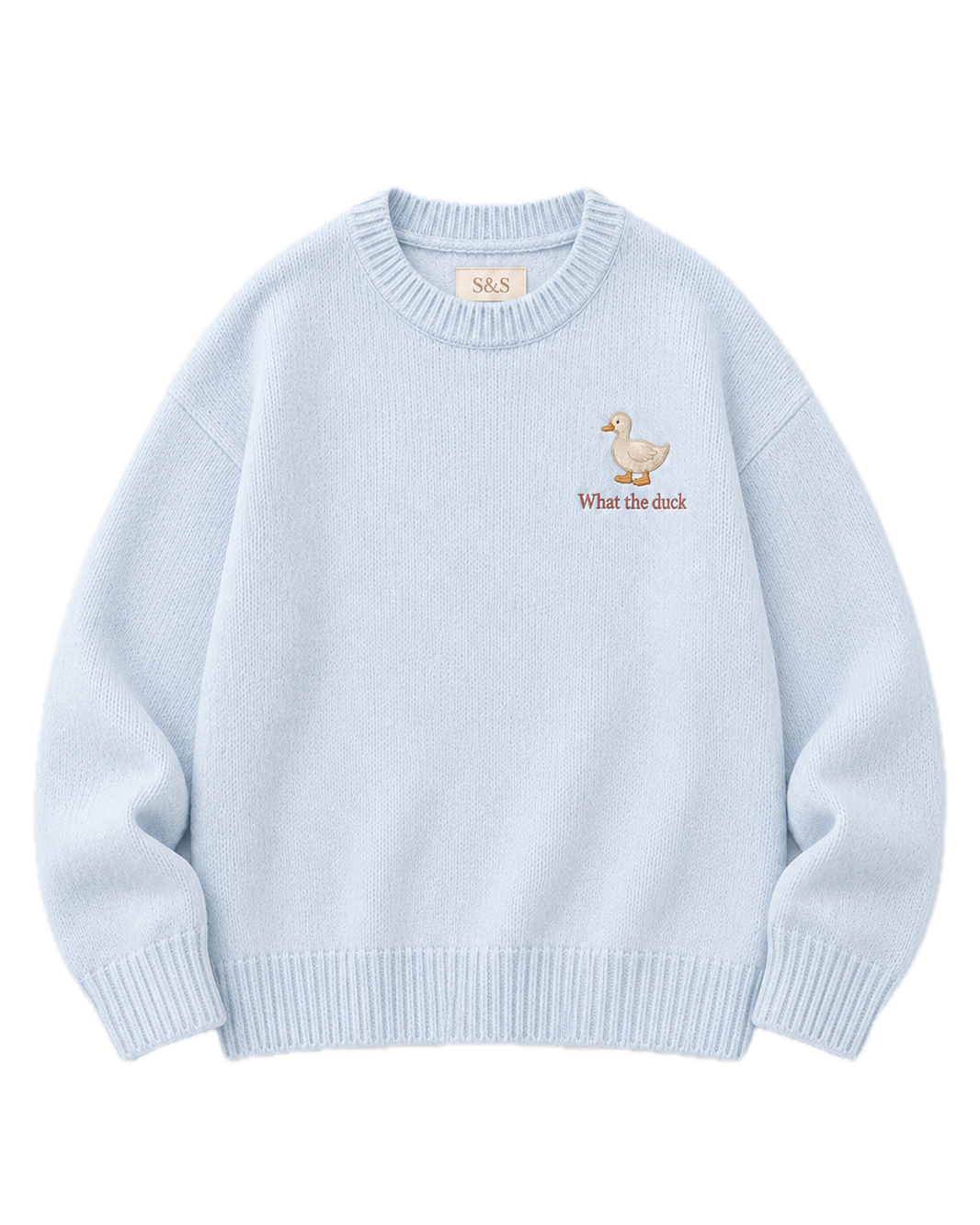 What the Duck baby blue embroidered knit jumper